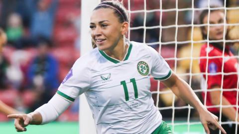 Katie McCabe celebrates after putting the Republic of Ireland ahead against Albania in Tallaght
