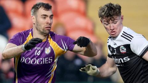 Derrygonnelly's Conall Jones battles with Kilcoo's Ryan McEvoy in the Ulster Club Final two seasons ago