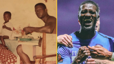 Saidou Khan with his dad growing up in The Gambia (left) and Khan celebrating scoring for Chesterfield