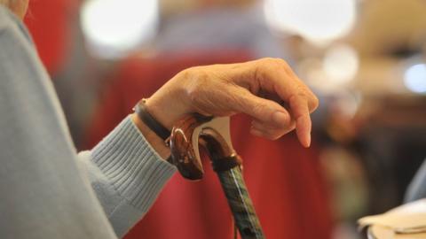 Elderly lady's hand on walking stick