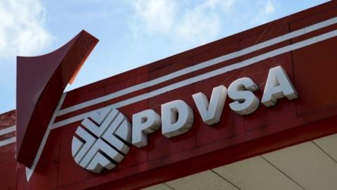 The logo of Venezuelan state-owned oil company PDVSA at a gas station in Caracas.