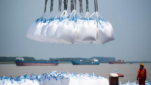 This photo taken on August 7, 2018 shows workers unloading bags of chemicals at a port in Zhangjiagang in China's eastern Jiangsu province