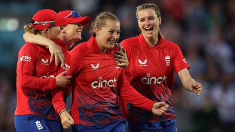 England and Sophie Ecclestone celebrate a wicket in the second T20 against Australia at The Oval