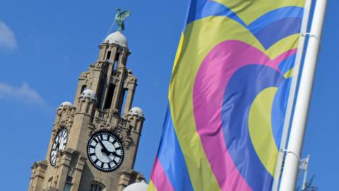 Eurovision Song Contest banner next to the Liver Building in Liverpool, 18 April 2003