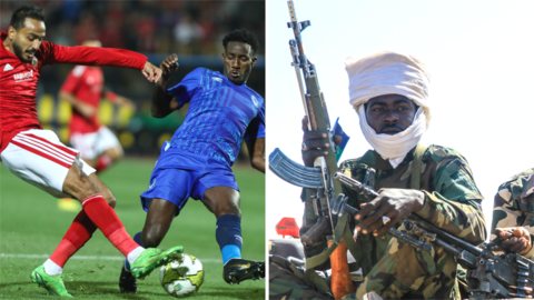 Al Hilal in action against Al Ahly in the African Champions League (left) and a fighter from the Sudan Liberation Movement (right)