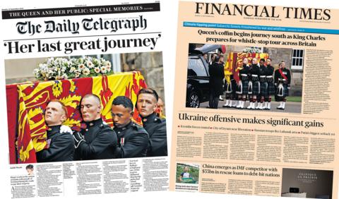 Copies of the Daily Telegraph and Financial Times, leading on the Queen's final journey