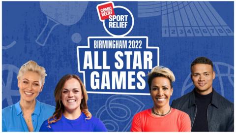 Sport Relief All Star Games: Birmingham 2022. Emma Willis, Ellie Simmonds, Kelly Holmes, Jermaine Jenas.