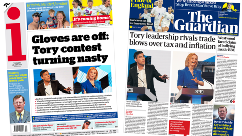 The headline in the i reads, "Gloves are off: Tory contest turning nasty", while the headline in the Guardian reads, "Tory leadership rivals trade blows over tax and inflation"