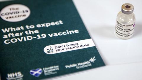 A vial of the AstraZeneca/Oxford Covid-19 vaccine at the Lochee Health Centre in Dundee.