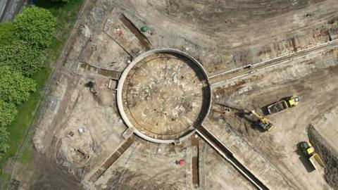 Bird's eye view of excavated Harwell catapult