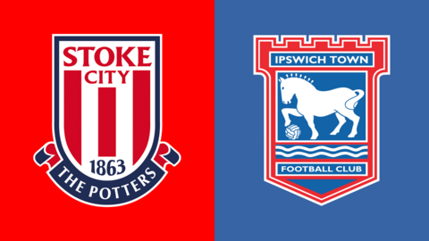 The Stoke City and Ipswich Town club badges side by side. Stoke's has red and white stripes with the words Stoke City at the top and 1863 at the bottom. Ipswich have a horse with a hoof on a ball drawn in white on a blue background
