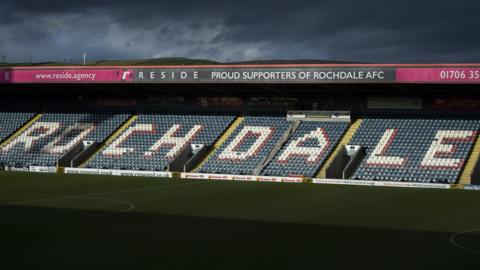 Rochdale's Spotland stadium with view of main stand