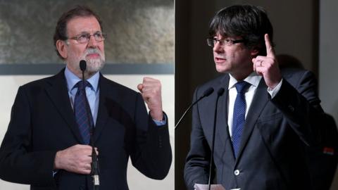 Spain's Prime Minister Mariano Rajoy (L) and Catalonia's ousted leader Carles Puigdemont (R)