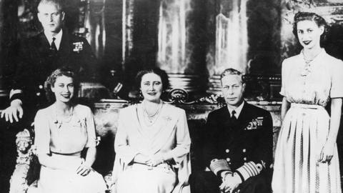 The Queen (far right) pictured next to her father King George VI, mother Elizabeth, sister Princess Margaret and the Duke of Edinburgh (on the far left)