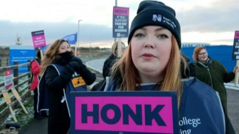 Bethany Tulloch on the picket line in Cramlington