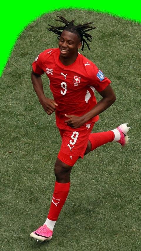 Johan Manzambi celebrates scoring for Switzerland against Bosnia-Herzegovina in the 2026 World Cup