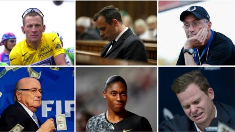 Collage of Lance Armstrong, Oscar Pistorius, Alberto Salazar, Sepp Blatter, Caster Semenya, Steve Smith