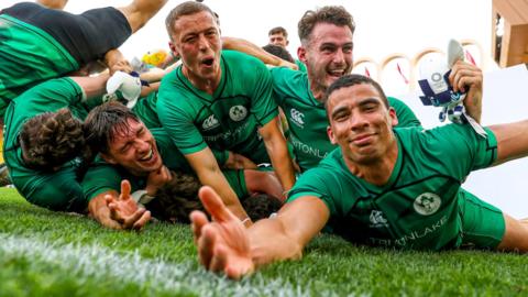 Jordan Conroy (right) and his team-mates celebrate Ireland's Olympic Sevens qualification