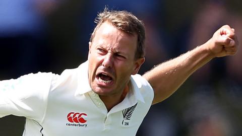 New Zealand bowler Neil Wagner celebrates taking a wicket