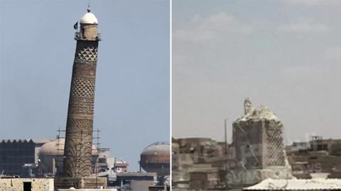 The before and after pictures of the mosque's minaret in Mosul