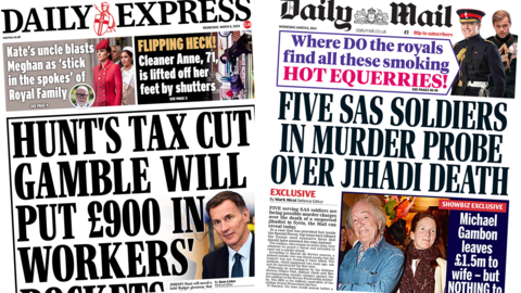 The headline in the Express reads, "Hunt's tax cut gamble will put £900 in workers' pockets", while the headline in the Mail reads, "Five SAS soldiers in murder prove over jihadi death".