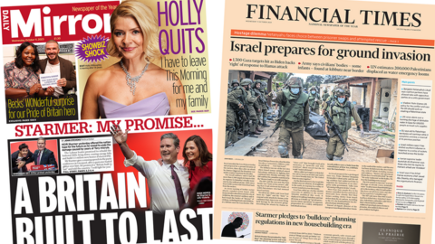 The headline in the Daily Mirror reads 'A Britain built to last' and the headline in the FT reads 'Israel prepares for ground invasion'