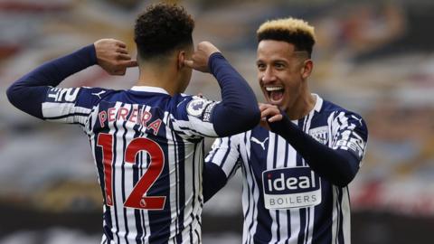 Matheus Pereira celebrating his goal with team-mate Callum Robinson