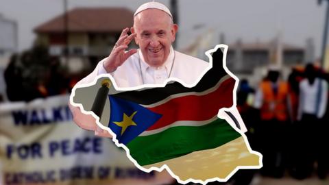 Composite of Pope Francois with the South Sudan flag and map of the country