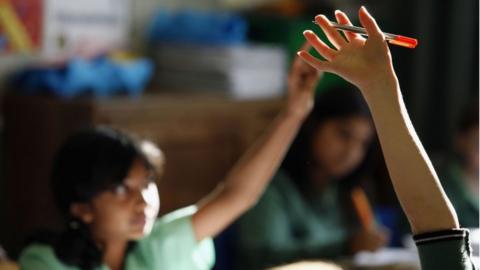 Pupils raise hands in class