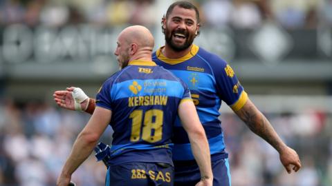 David Fifita celebrates Wakefield's first win of the season with Lee Kershaw