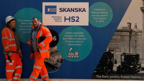 Two construction workers stand in front of an HS2 sign
