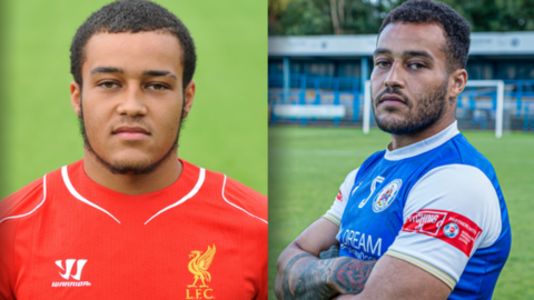 Dahrius Waldron at Liverpool (left) and pictured for his new club Stalybridge Celtic