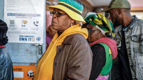 Voters queue to cast their vote at Hitekani Primary School polling station in Soweto, South Africa - 29 May 2024