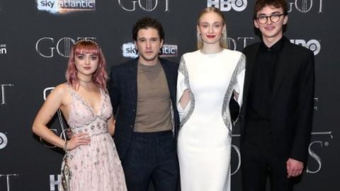 Masie Williams, Kit Harrington, Sophie Turner and Isaac Hempstead Wright at the Game of Thrones premiere in Belfast's Waterfront Hall