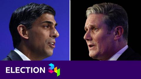 A composite image of Rishi Sunak, on the left, and Keir Starmer, on the right, with a purple 'Election 24' banner