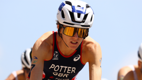 Great Britain's Beth Potter in action on the bike at an earlier World Triathlon Series event in Cagliari in 2023