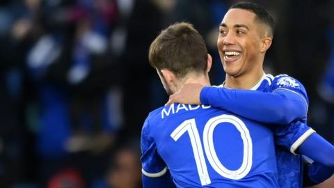 Youri Tielemans and James Maddison celebrate Leicester's opening goal against Watford.