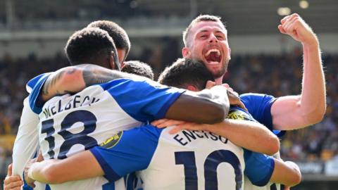 Brighton players celebrate after scoring in a 4-1 Premier League victory over Wolves at Molineux