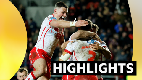 St Helens players celebrate a try against Leigh
