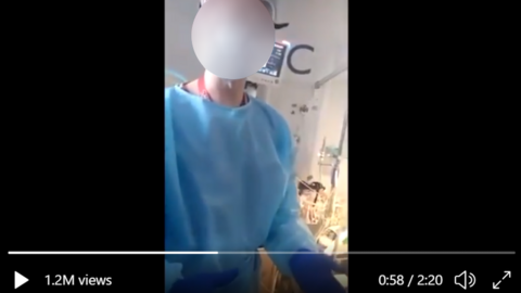 The man behind the camera repeatedly questions a doctor