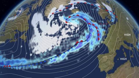 BBC Weather graphics showing the synoptic pattern for Storm Dennis