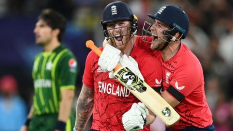 Ben Stokes and Liam Livingstone celebrate England winning the T20 World Cup