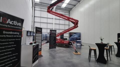 A cherry picker inside IOActive's cyber security lab