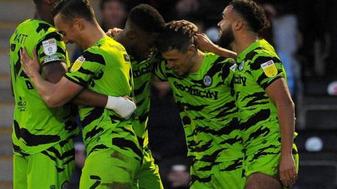 Forest Green celebrate Josh March's goal against Stevenage