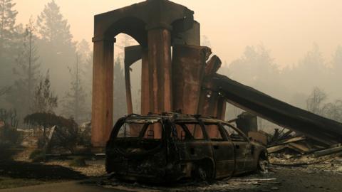 A destroyed home is seen at a residential neighbourhood along Fountaingrove Parkway during the Tubbs Fire in Santa Rosa, California, October 10, 2017