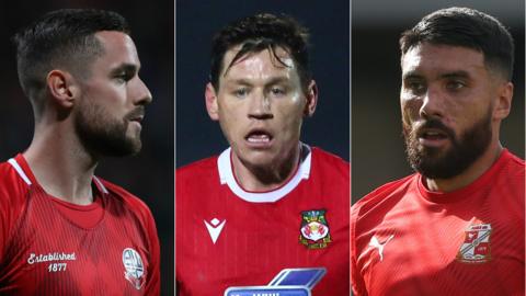 L-R: Bolton goalkeeper Remi Matthews, Wrexham left-back James Jennings and Swindon midfielder Danny Rose