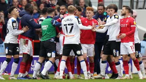 Nottingham Forest and Derby players clash