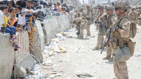 US Marines stand guard at Kabul international airport