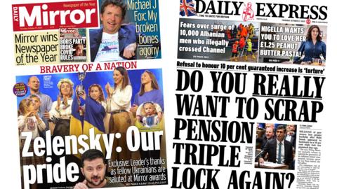 The headline in the Daily Mirror says "Zelensky: Our pride", while the Daily Express asks the new prime minister "Do you really want to scrap pensions triple lock again?"