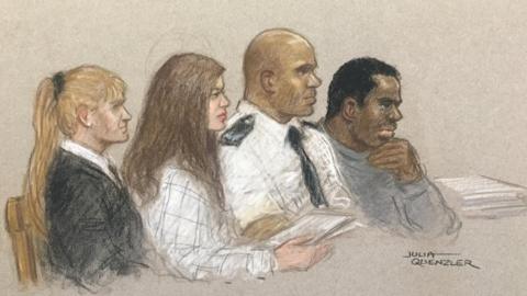 A court sketch showing Constance Marten and Mark Gordon